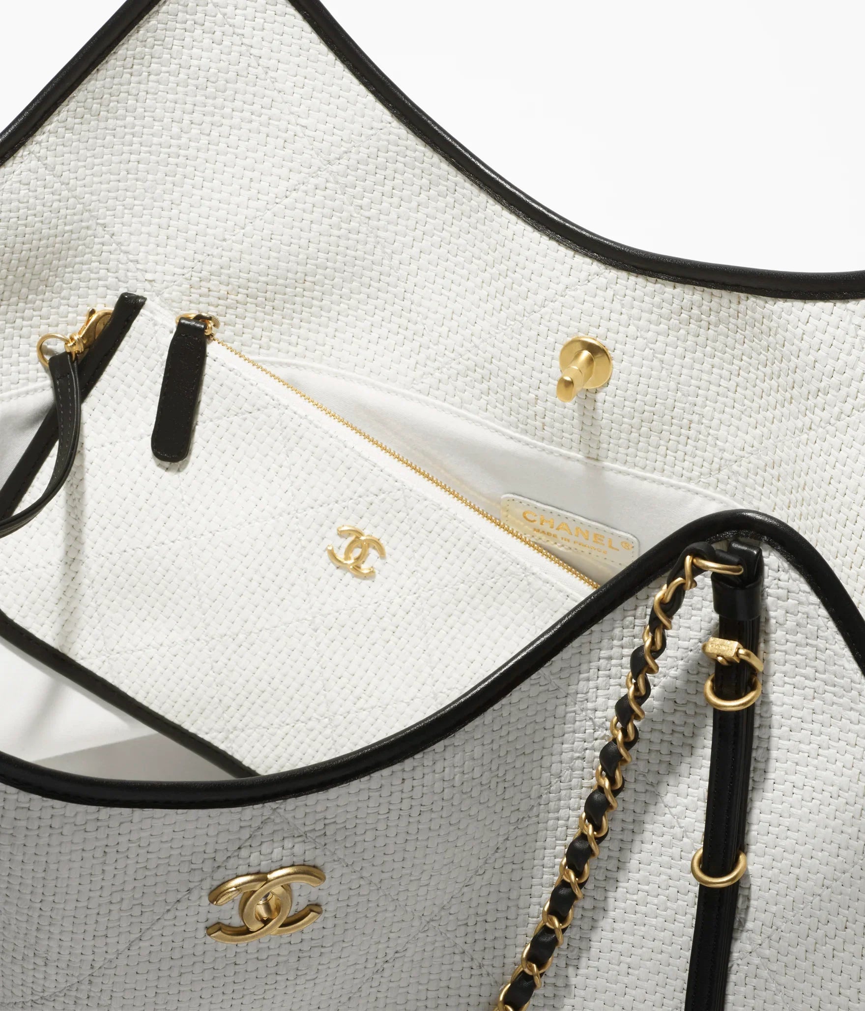 CHANEL Braided Raffia, Calfskin & Gold-Tone Metal  White & Black