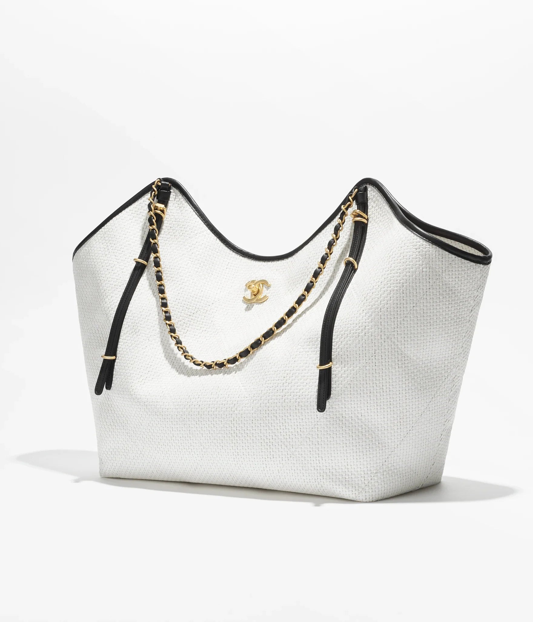 CHANEL Braided Raffia, Calfskin & Gold-Tone Metal  White & Black