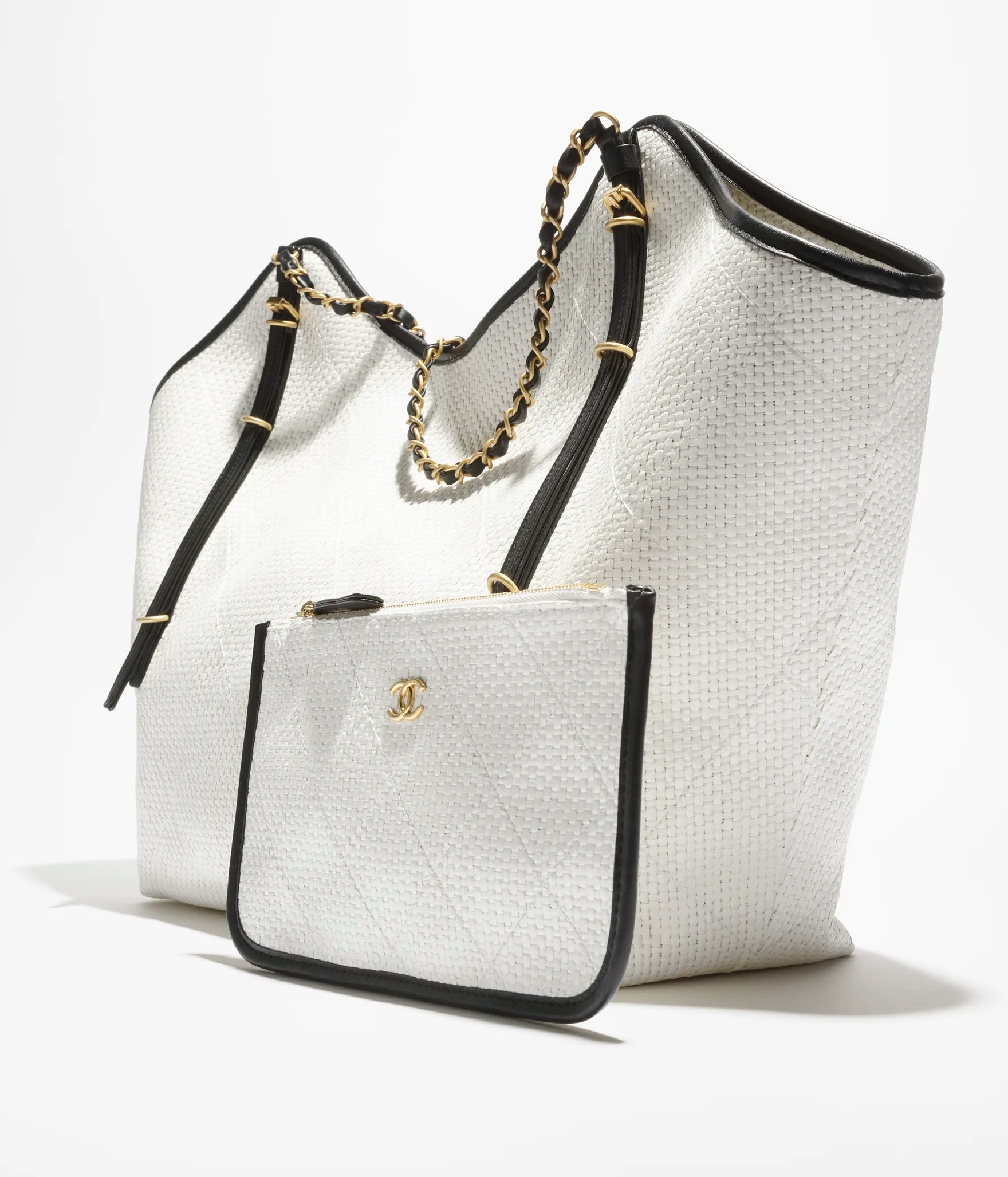 CHANEL Braided Raffia, Calfskin & Gold-Tone Metal  White & Black