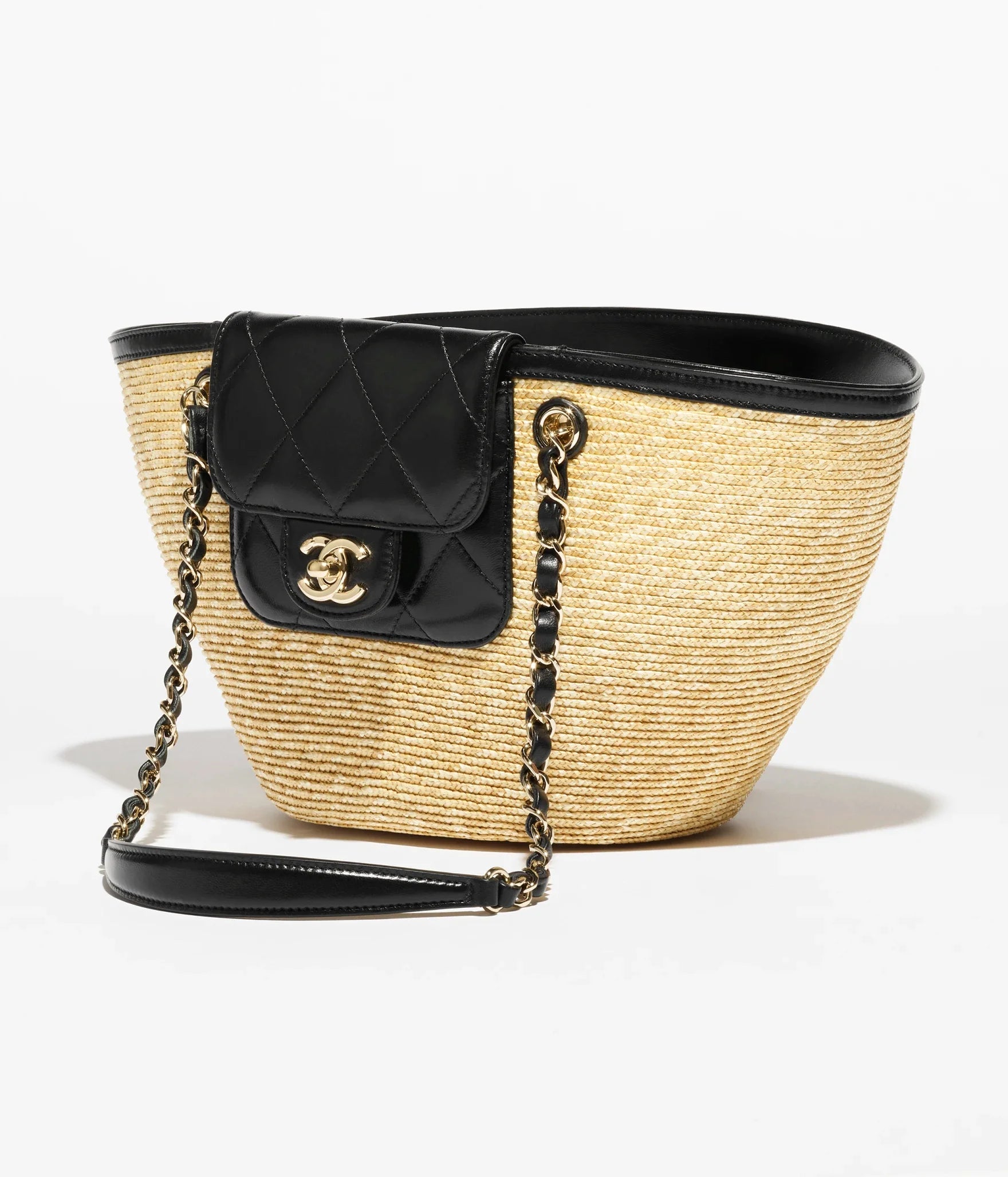 CHANNEL Braided Straw, Lambskin & Gold-Tone Metal  Beige & Black