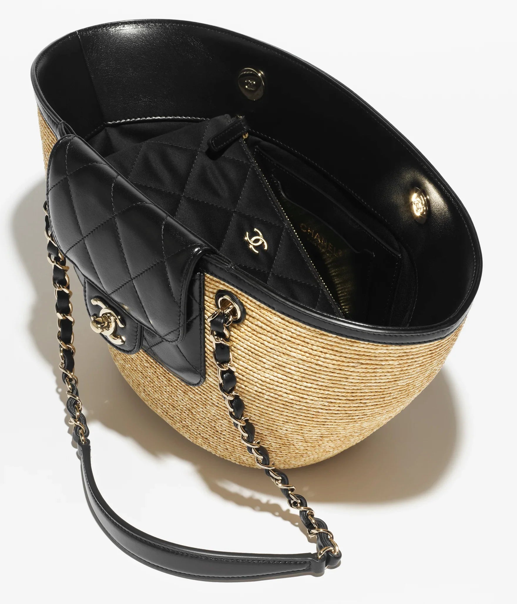 CHANNEL Braided Straw, Lambskin & Gold-Tone Metal  Beige & Black