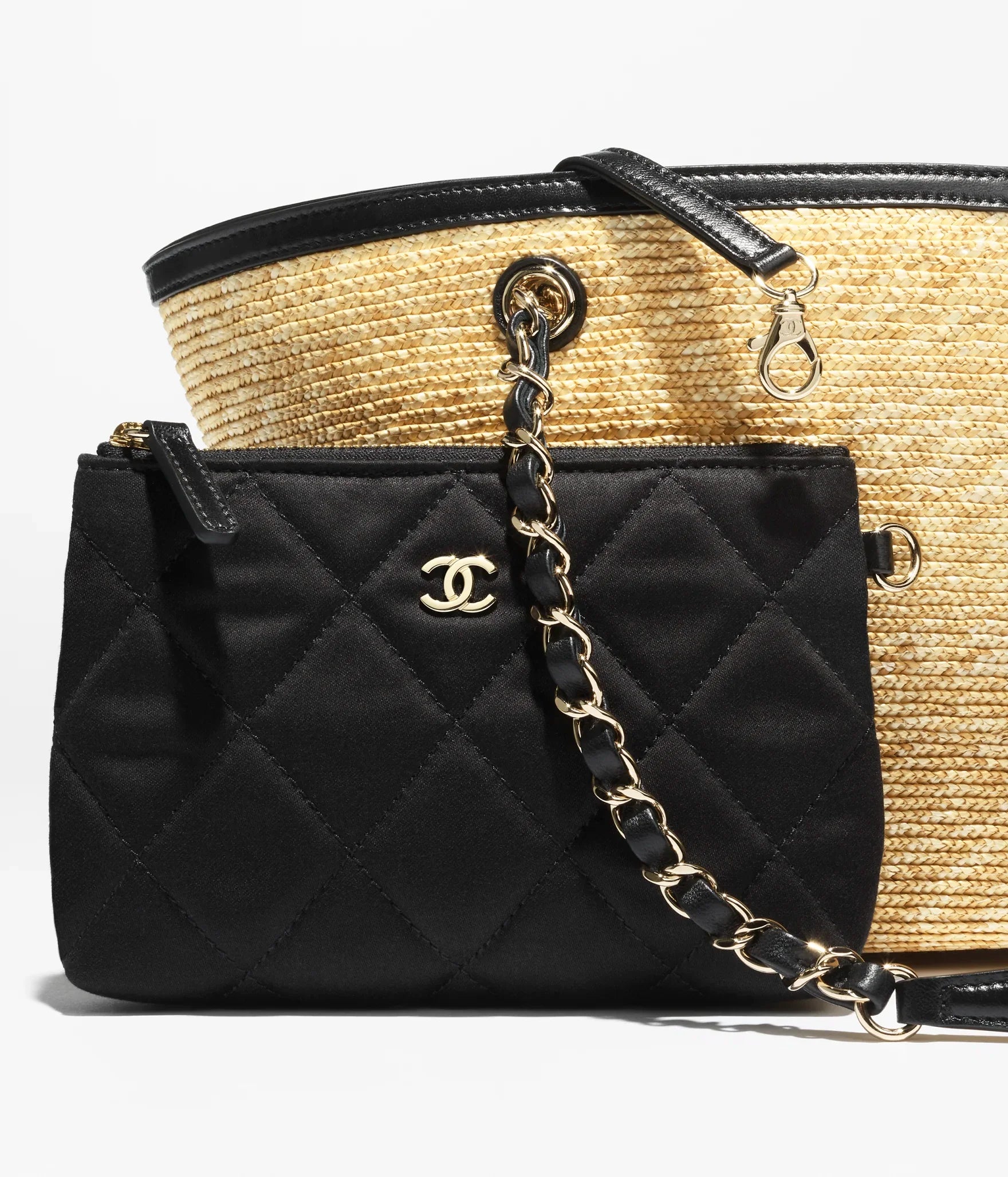 CHANNEL Braided Straw, Lambskin & Gold-Tone Metal  Beige & Black
