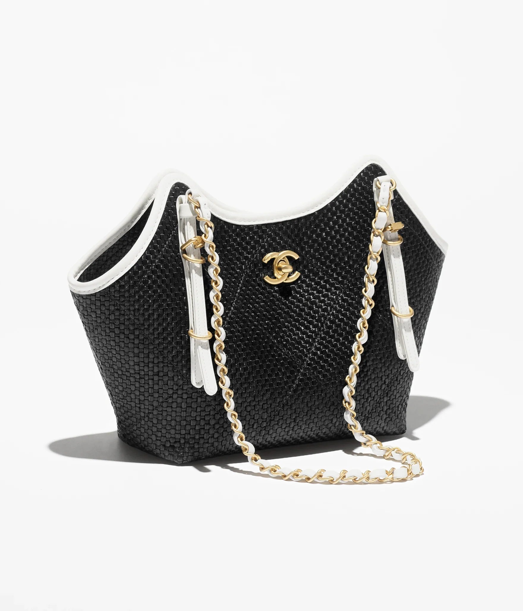 CHANEL Braided Raffia, Calfskin & Gold-Tone Metal  Black & White