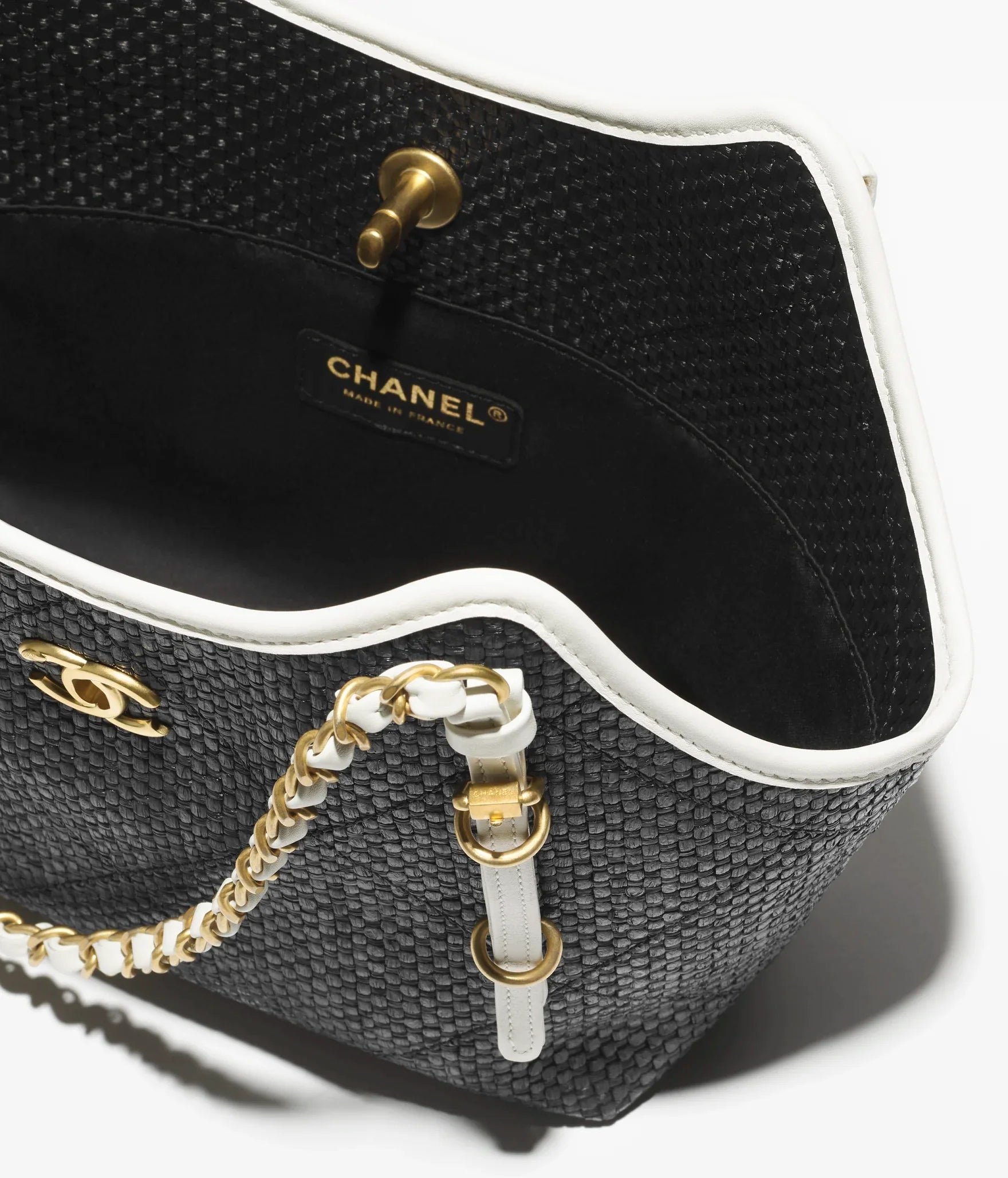 CHANEL Braided Raffia, Calfskin & Gold-Tone Metal  Black & White