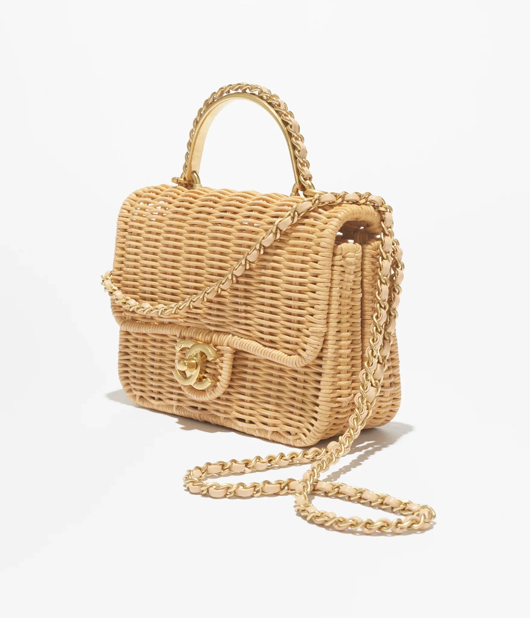 CHANEL Braided Rattan & Gold-Tone Metal  Beige