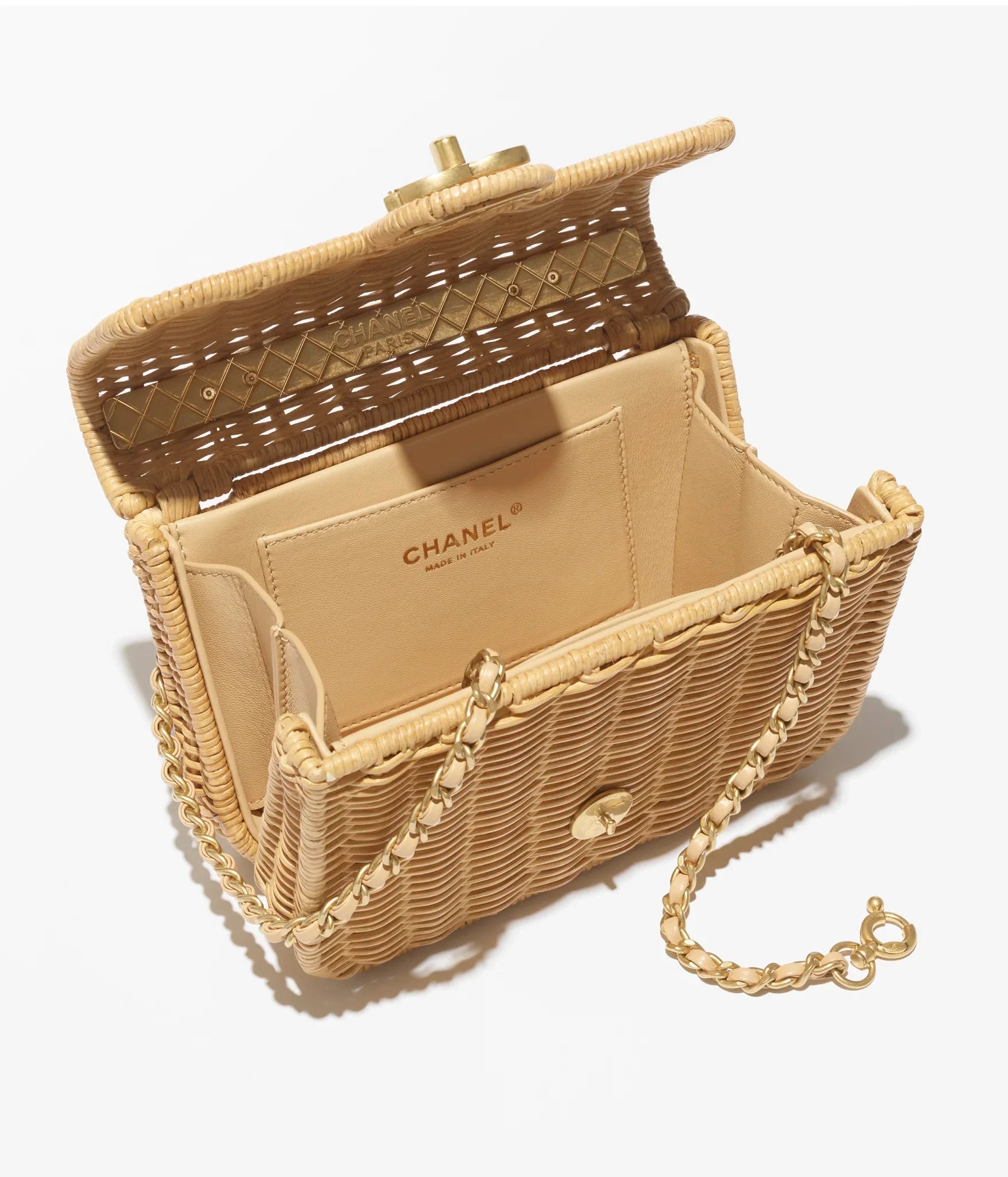 CHANEL Braided Rattan & Gold-Tone Metal  Beige