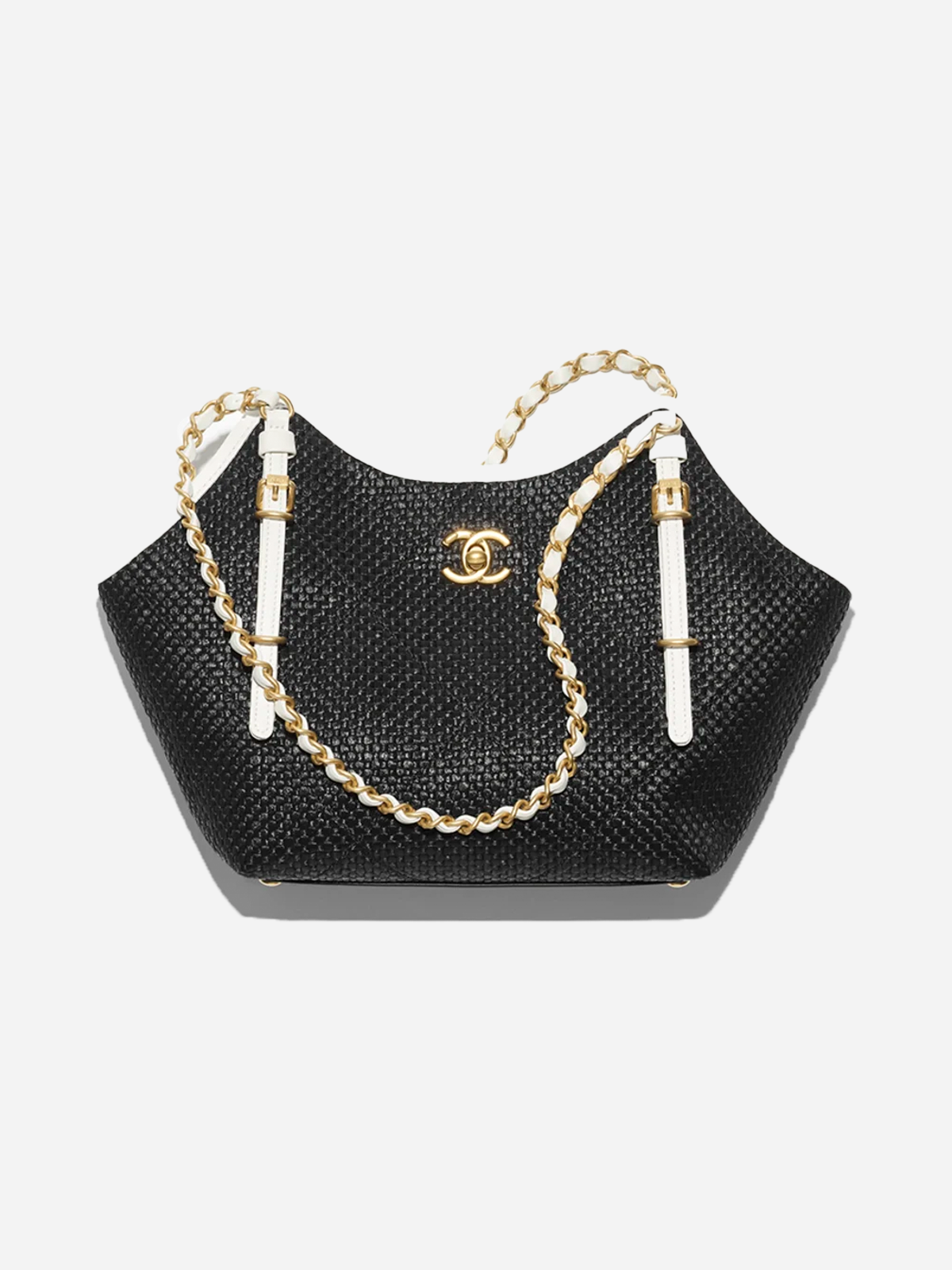 CHANEL Braided Raffia, Calfskin & Gold-Tone Metal  Black & White
