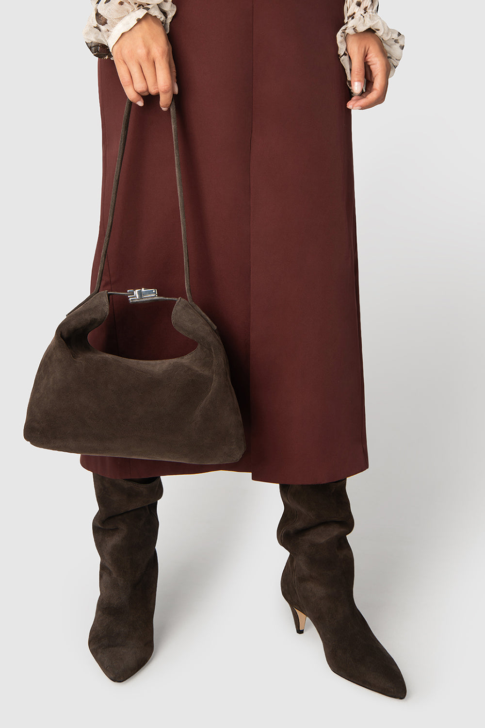 BY FAR Bea Ristretto Suede Leather Hobo Bag