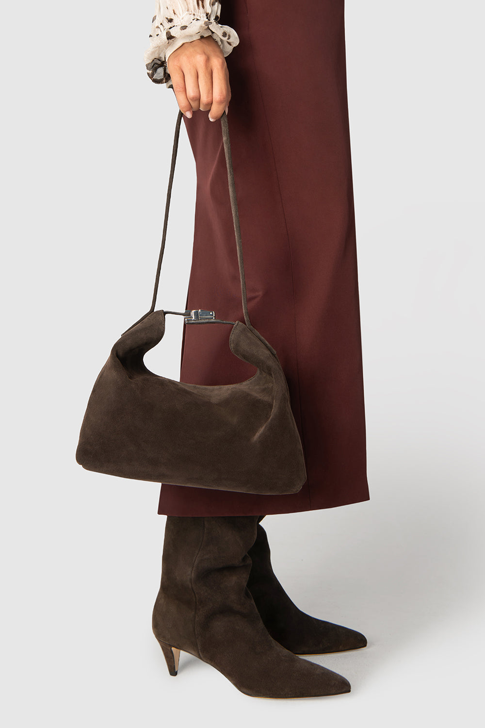 BY FAR Bea Ristretto Suede Leather Hobo Bag