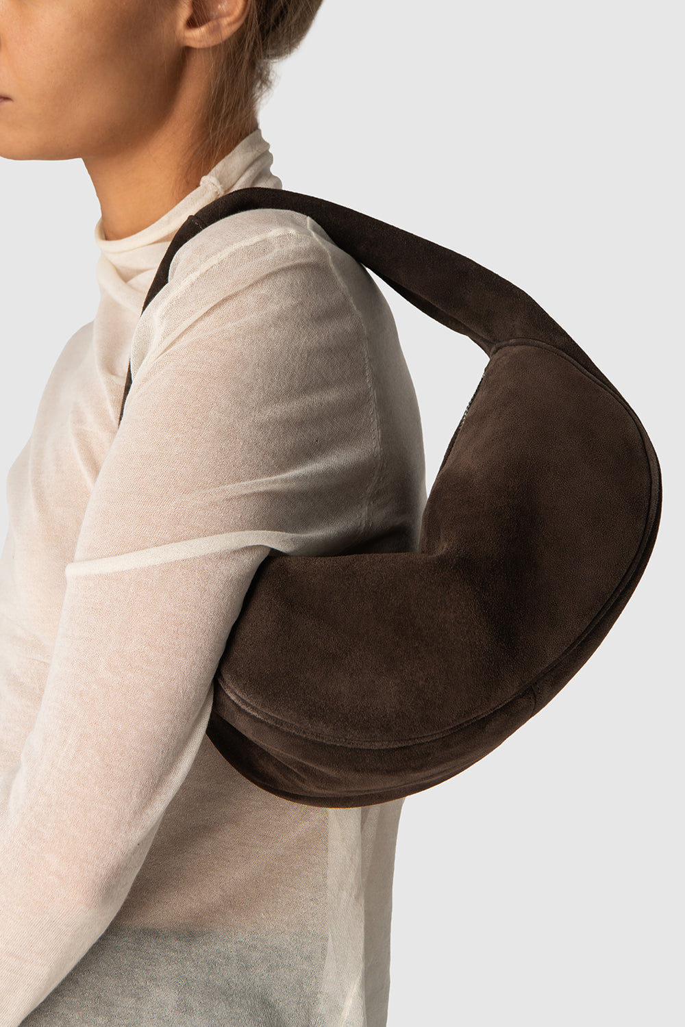 BY FAR Cush Ristretto Suede Leather Shoulder Bag
