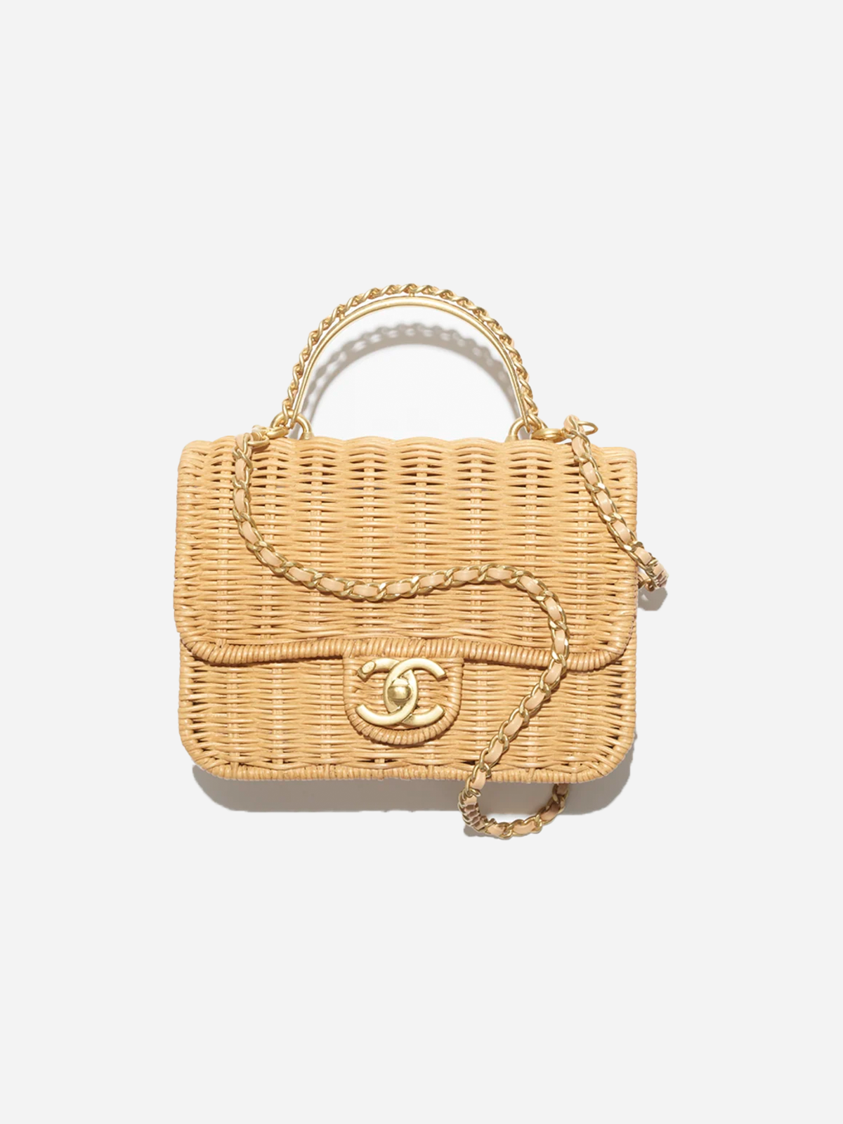 CHANEL Braided Rattan & Gold-Tone Metal  Beige